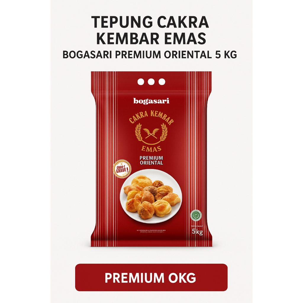 

TEPUNG CAKRA KEMBAR EMAS BOGASARI PREMIUM ORIENTAL REPACK 1 KG