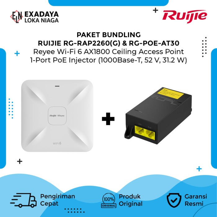 Paket Ruijie RG-RAP2260(G) + RG-POE-AT30 , AX1800 Wi-Fi 6 Ceiling Access point + POE adapter 802.3AT