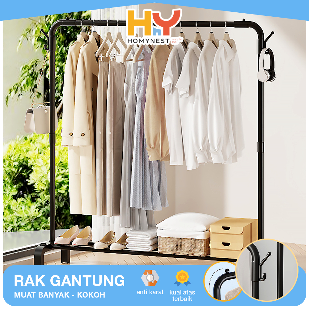 HOMYNEST Stand Hanger Berdiri Rak Pengering Jemuran Baju Besi Kokoh Rak Gantung Gawangan Pakaian 2 L