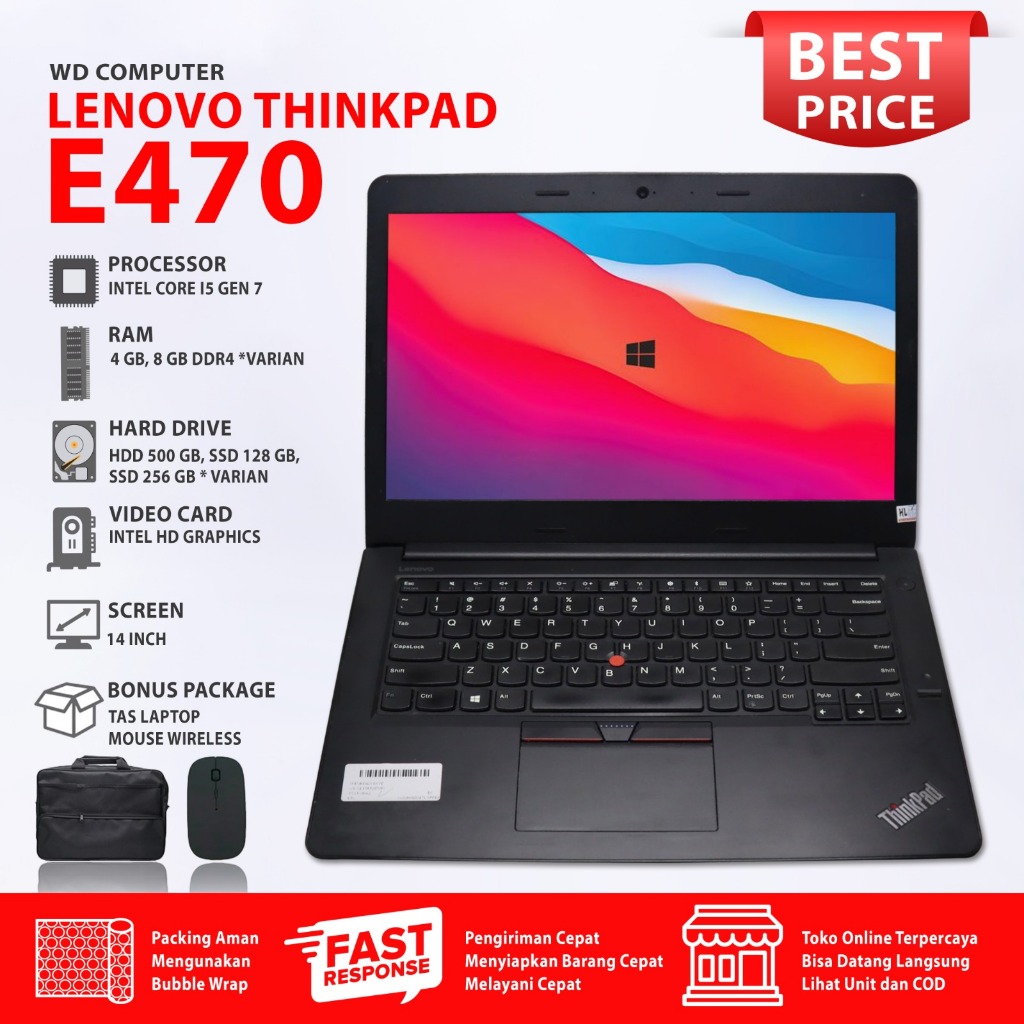 Laptop Lenovo E470 Intel Core i5 Gen 7 Layar Full HD | Windows 11 | Second Bergaransi Siap Pakai