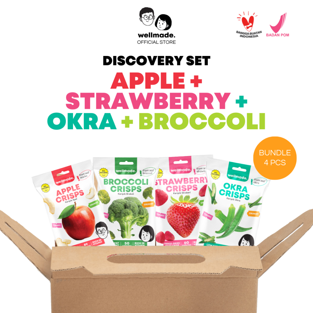 

【Bundle 4pcs】Keripik Buah dan Sayur - Wellmade Fruit & Veggie Crisps - Strawberry + Apple + Okra + Broccoli Crisps - Freeze-dried Fruits & Vegetable, Snack Kering Sayur Buah, Keripik Buah dan Sayur