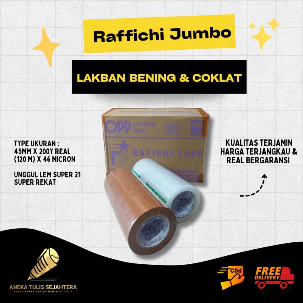 

RAFFICHi 1 Dus Lakban Bening Dan Coklat 45mm x 200y (120m) 46 Micron 54Pcs tersedia grosir dan instan
