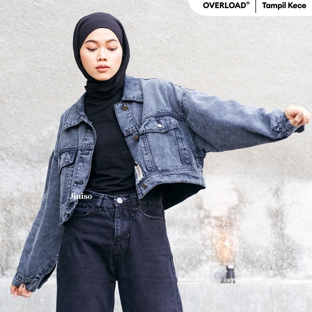 KODE F16Z JINISO Jaket Crop Jeans Oversize Urban Black Acid