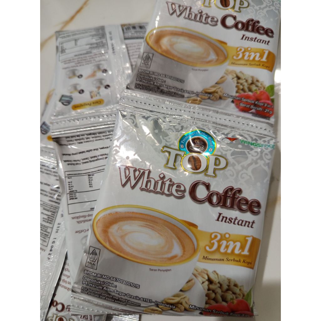 

KOPI SACHET TOP WHITE COFFEE INSTAN 3IN1 1 RENTENG(12 PCS) 21 gram