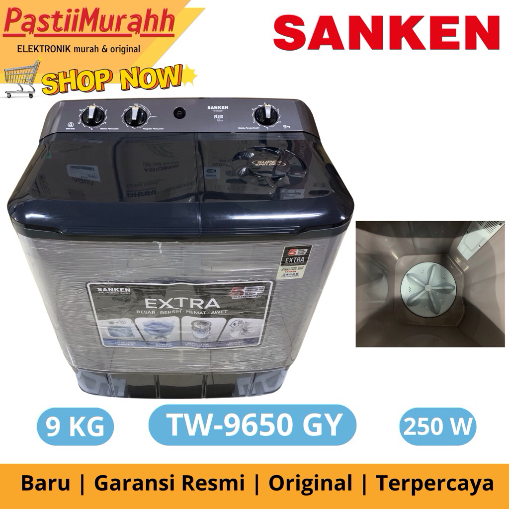 MESIN CUCI SANKEN TW-9650 GY | MESIN CUCI SANKEN 2 TABUNG 9KG HEMAT LISTRIK 250 watt garansi 5 tahun