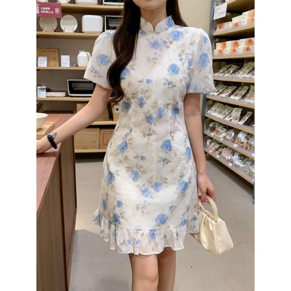 Dress Mini Bunga2 Biru Muda A-Line Retro Korea