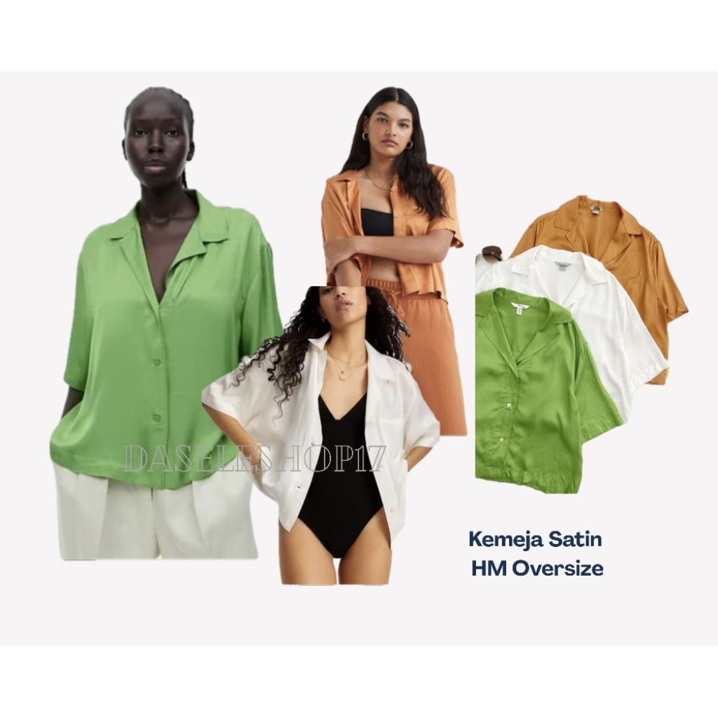 Kemeja  Crop  Oversize Satin Lengan Pendek wanita H*M   ori