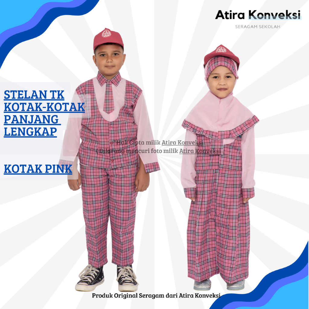 STELAN SERAGAM BAJU TK PINK KOTAK-KOTAK PANJANG
