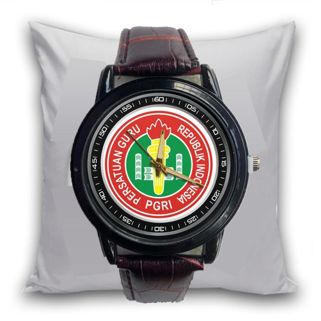 Jam Tangan Pria PGRI GURU LOGO Kulit Coklat Formal Bisnis Quartz Analog Custom Keren