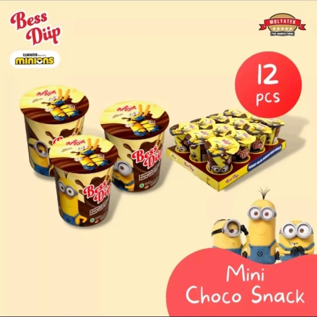 

BESS DIIP MINION EDITION 8GR ISI 12 PCS CHOCOLATE STICK COKLAT COLEK NYAM NYAM KECIL MINI