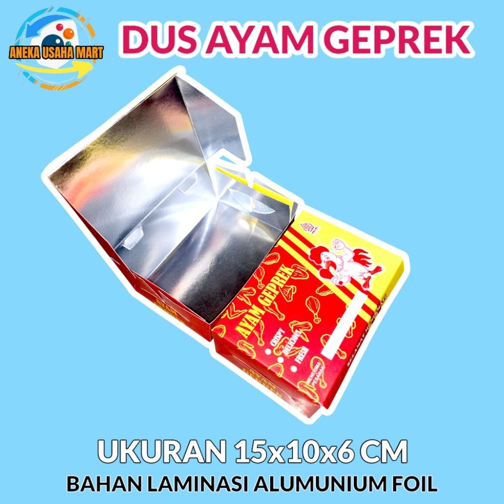 

Promo 50 Pcs Dus Fried Chicken / Ayam Geprek – Ukuran 15x10x6 cm – Bahan Aluminium Foil