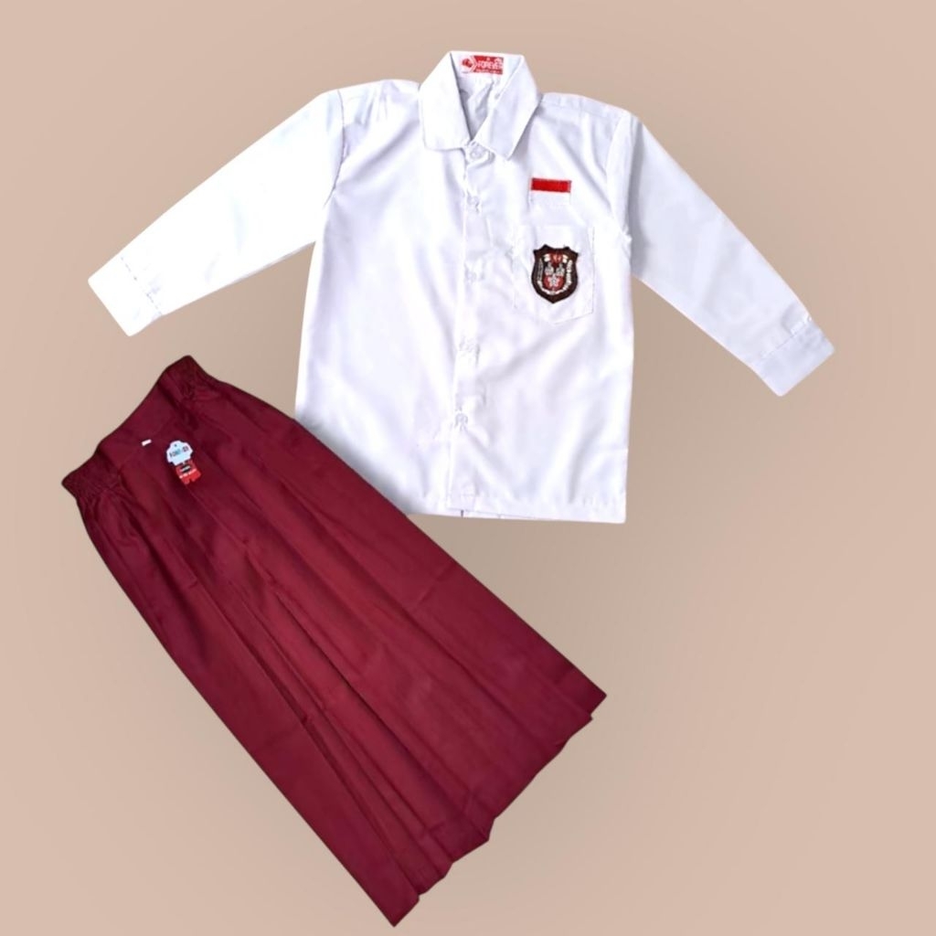 Setelan Seragam Sekolah Merah Putih SD Anak Baju Putih Lengan Panjang Rok Merah Panjang Baju & Rok S