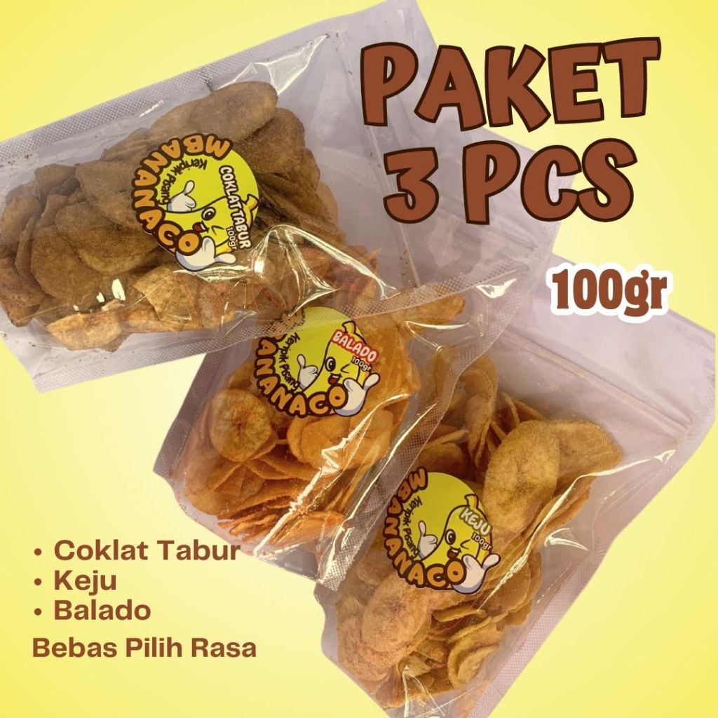 

Mbananaco - Paket 3 Pcs Keripik pisang Coklat Tabur / Keju / Balado - 100gr - cemilan - banana chips