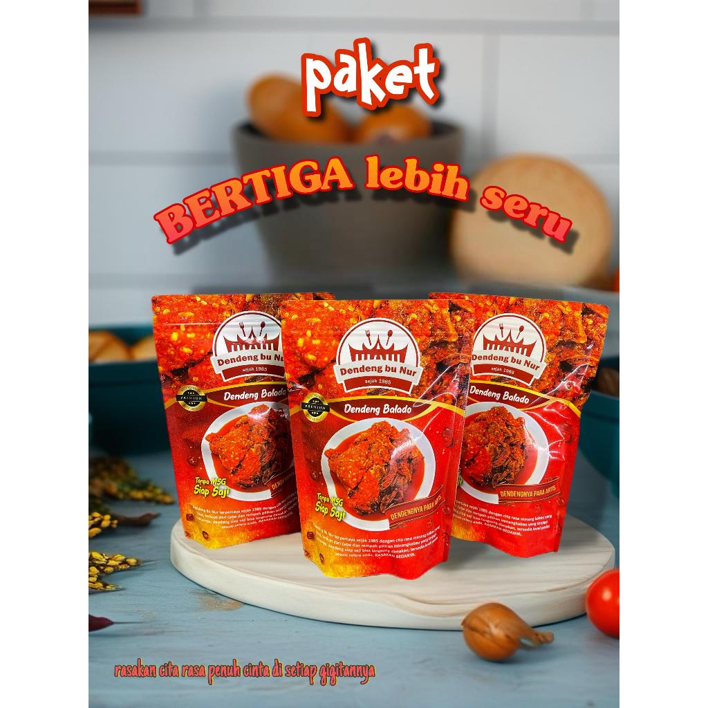 

Paket (BERTIGA LEBIH SERU) Dendeng balado basah BUNUR rasa original pedas manis gurih cita rasa autentik dengan daging sapi segar dan rempah pilihan