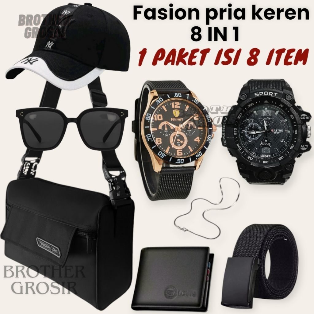 (PAKET NEW STYLE KOMPLIT HEMAT 2 JAM TANGAN)Ter-Baru Paket Bundling 8In1 Jam Tangan Pria/Jam Tangan 