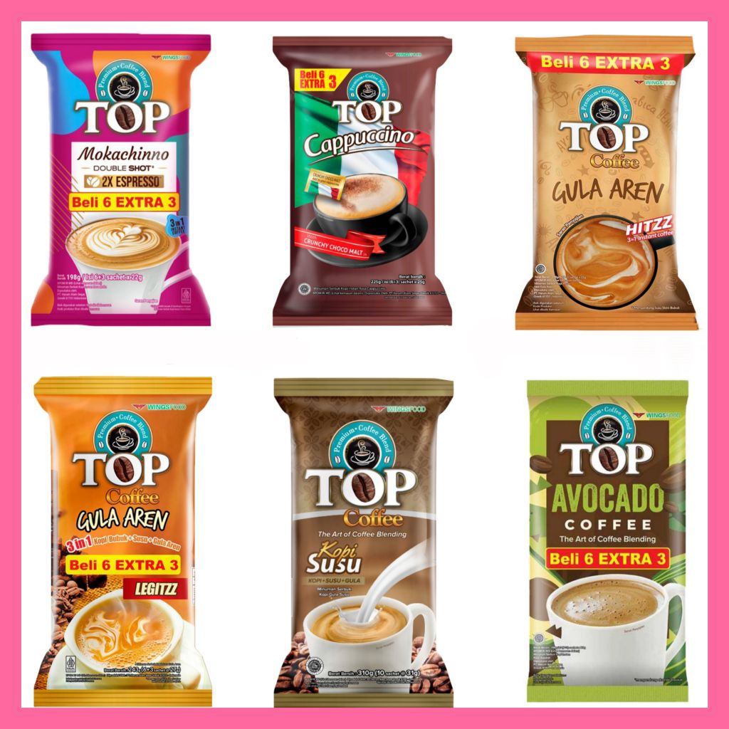 

top coffee kopi bubuk seduh susu cappucino mocachinno gula aren avocado isi 9 sachet