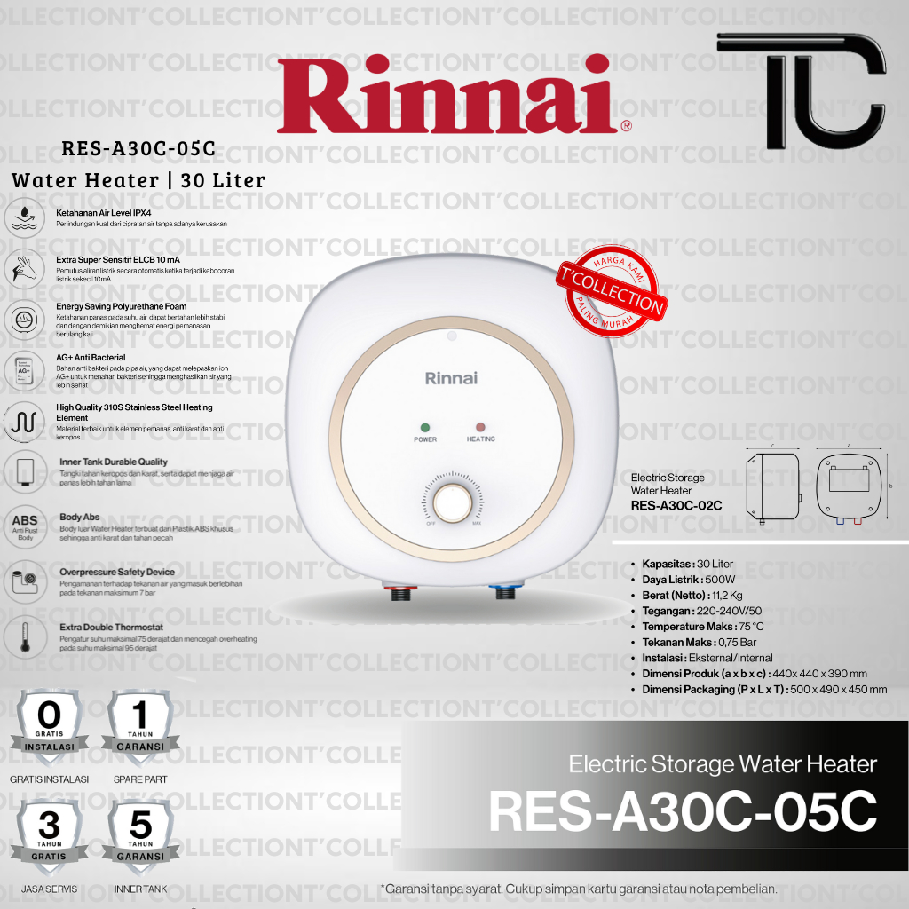 Water Heater Electric RES-A30C Rinnai 30L