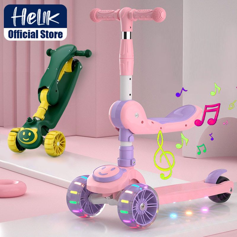HELIK Scooter Anak Roda 3 Skuter Injak Pedal Otoped Lipat Dilengkapi Kursi Musik Dan Lampu