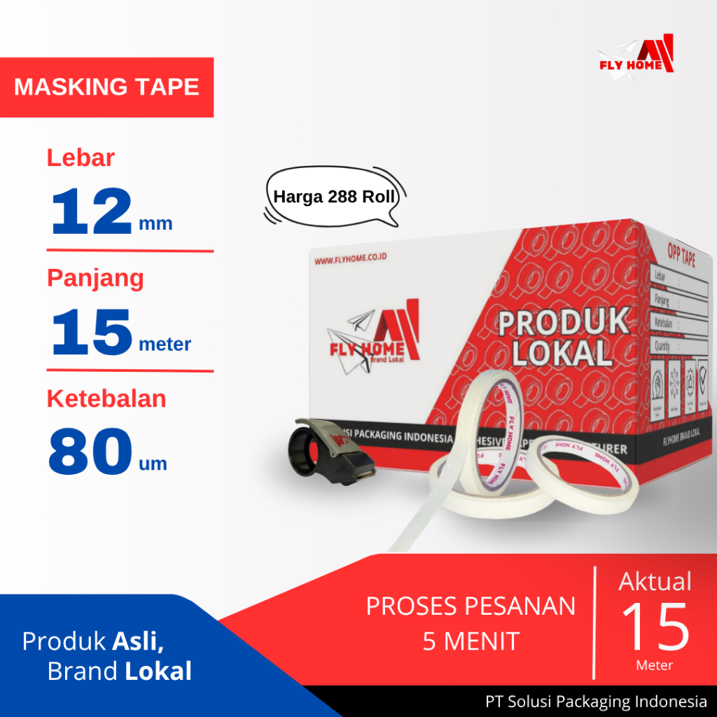 

FLYHOME Lakban kertas 12mm x 15meter 1 dus 288 roll masking tape ukuran full Cargo