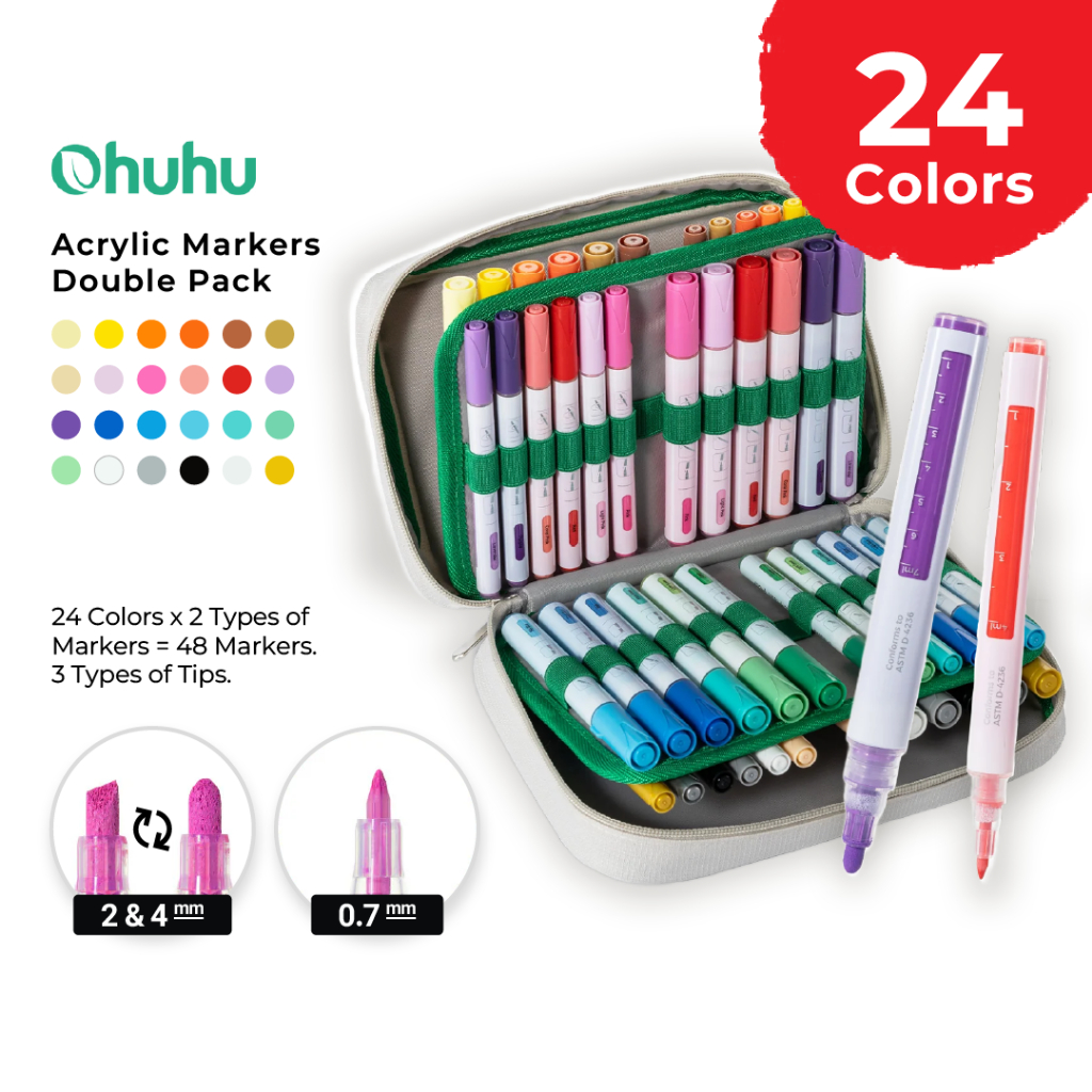 

OHUHU 48 Pcs Acrylic Paint Pens Double Pack (24x2 Colors) (Fine & Reversible + Chisel & Round)
