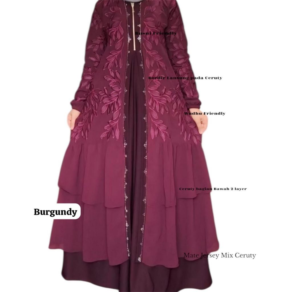 GAMIS ABAYA TURKEY ADIBA BORDIR  DAN PAYET MEWAH FULL HITAM
