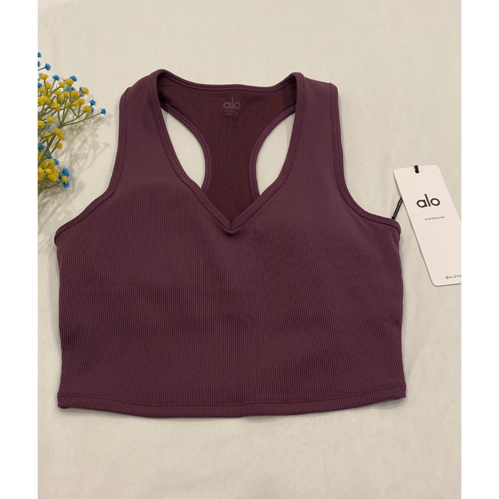Sport Bra - AL Goddess Ribbed Cropped Racerback Tank - Dark Plum