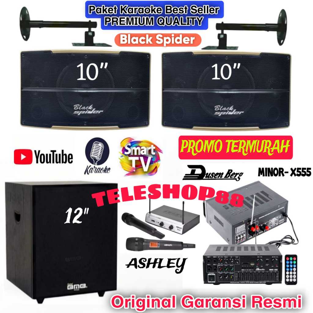 Paket Sound System Speaker Pasif 10 Inch Black Spider BS SPX 450+Subwoofer BMB 12 Inch+Amplifier Dus