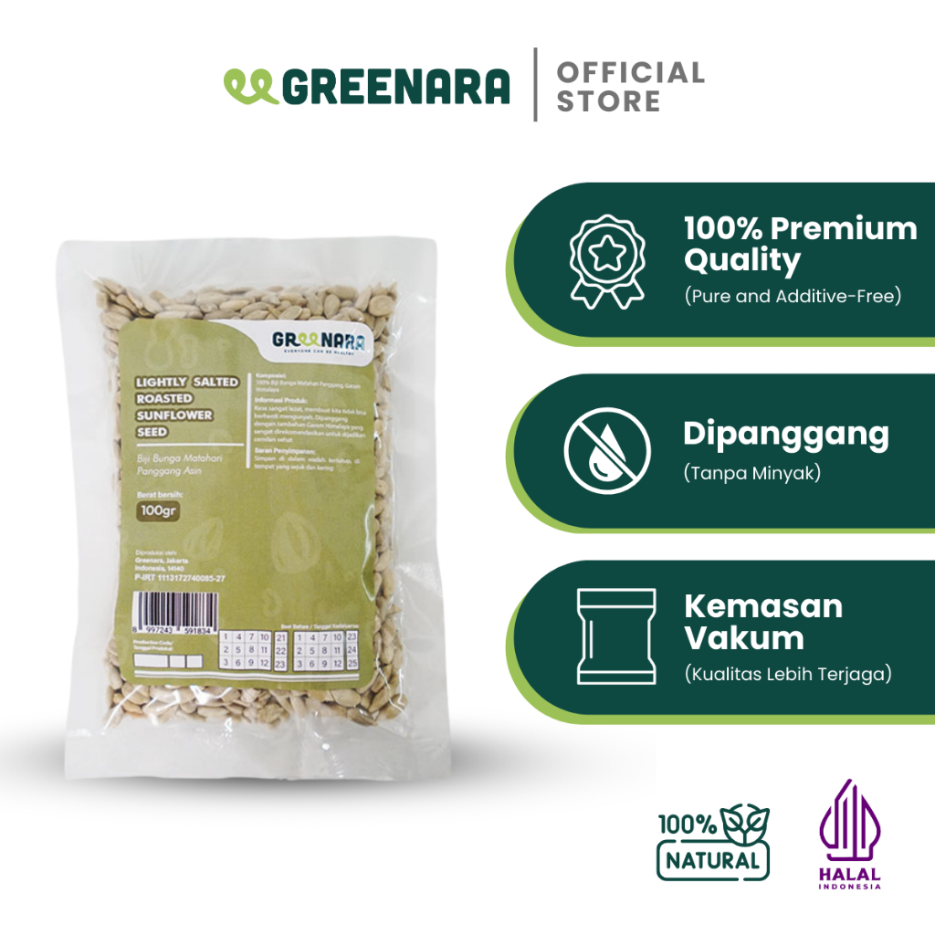 

Greenara Natural Lightly Salted Roasted Sunflower Seed 100gr / Kuaci Kupas Panggang Asin