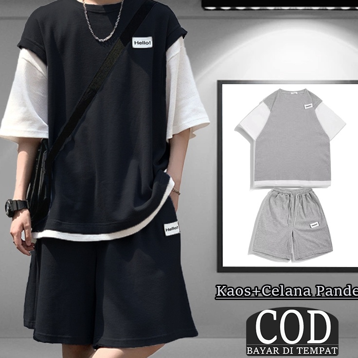 Baju Setelan Pria Kain Wafel Korea Style Outfit Oversize Baju Korea Cowok Baju Korean Style Kaos dan