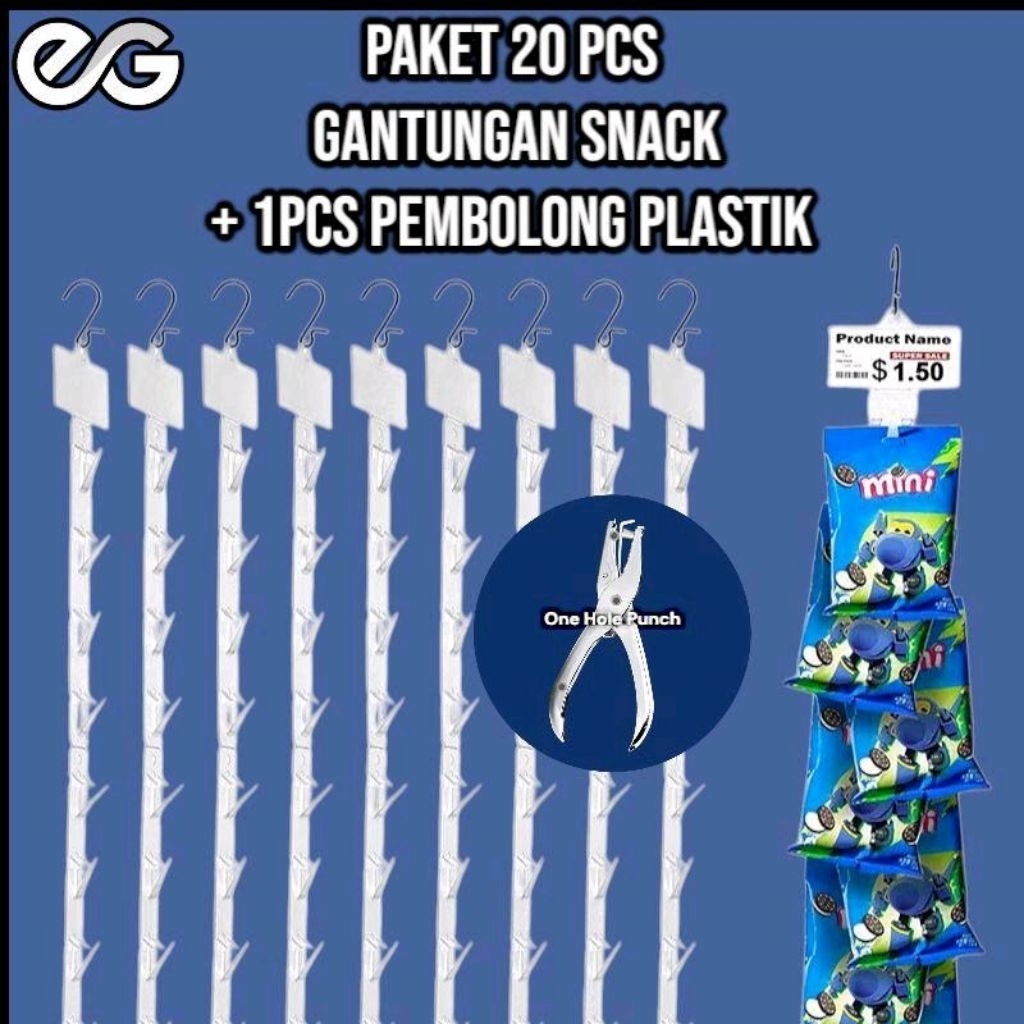 

Paket Hemat 20pcs Gantungan snack renceng warung / Clip strip Display Supermarket 12 clip 62cm Sudah Include Pengat dan Pembolong One Hole Punch