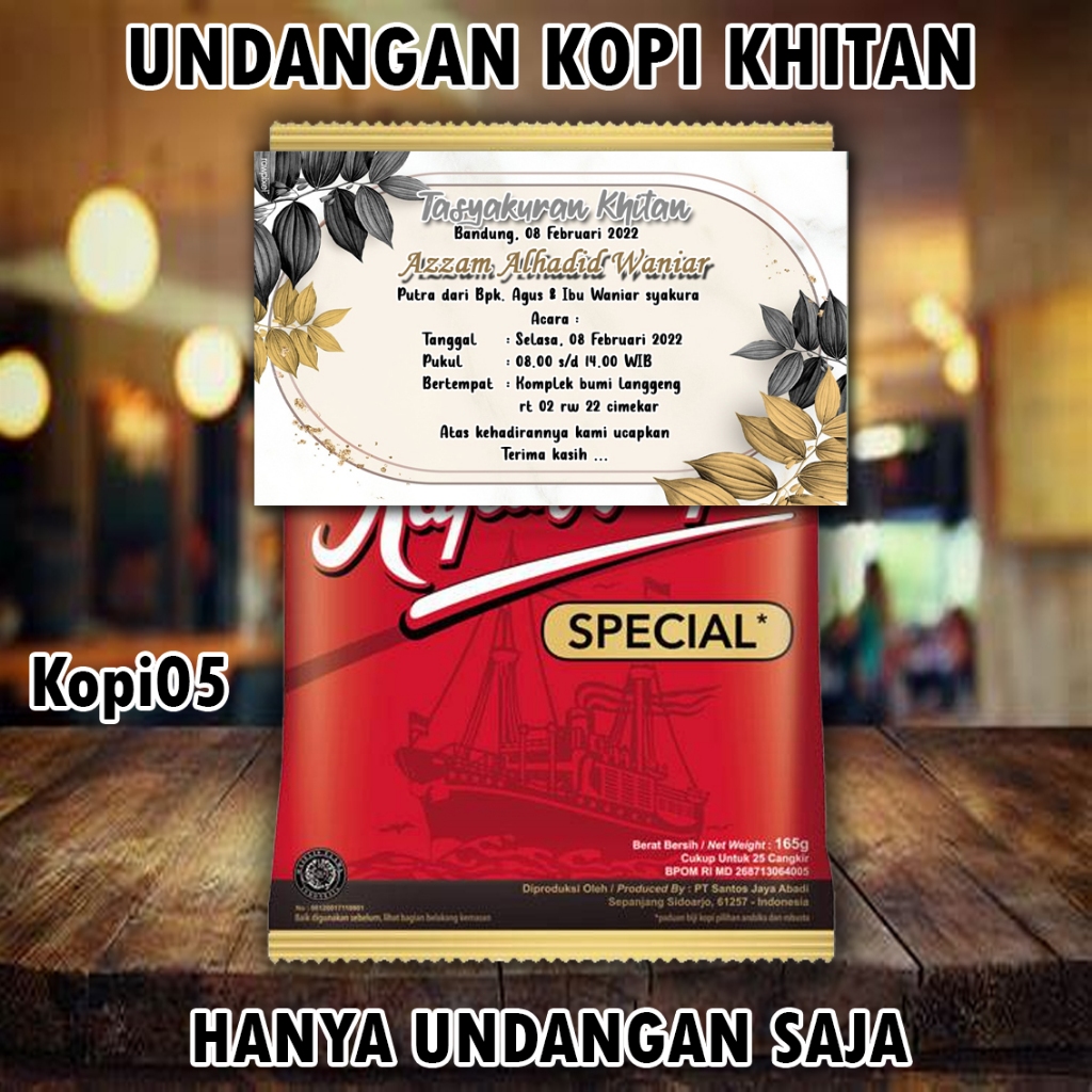 Undangan mini kopi 02 khitanan pernikahan ukuran 7.5 x 9 Cm bahan Karton BC