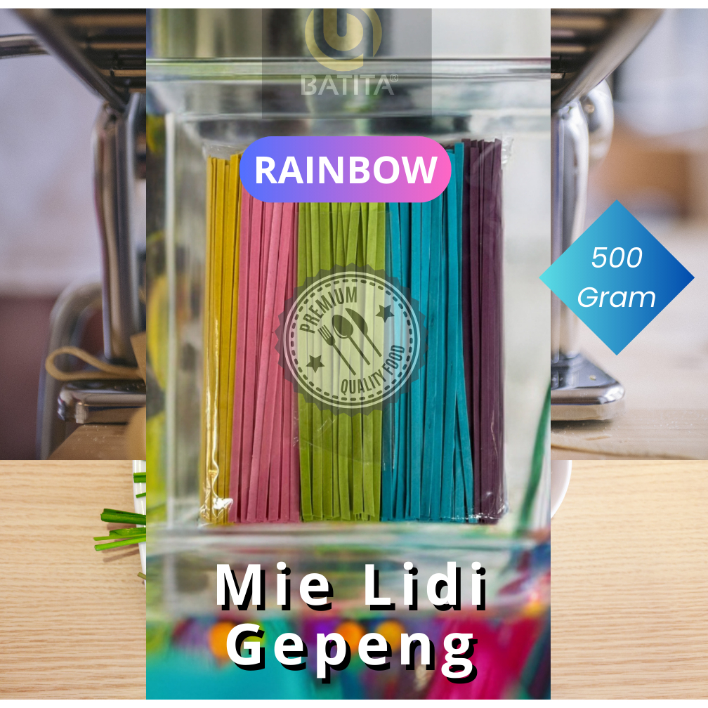 

Mie Lidi Gepeng Rainbow Warna Warni 500 Gram Makanan Ringan