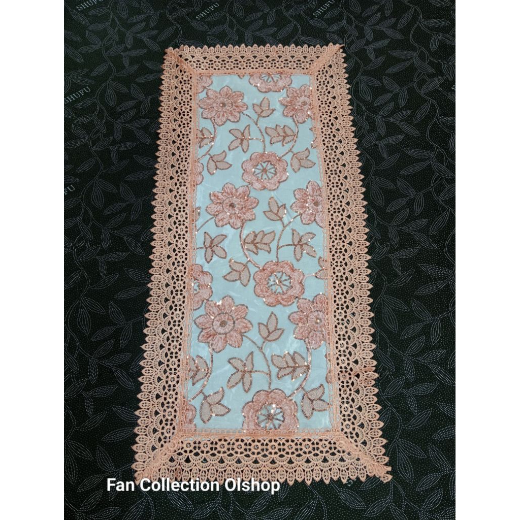 Taplak Meja Tamu Benang Emas Bordir 40x90 cm Kain Lapis Tebal Mewah Premium Impor Persegi Teras Bena