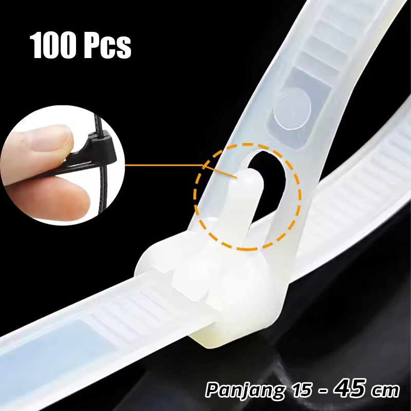 

100pcs Kabel Ties Tis Bisa Di Buka Kembali Reusable Anti Putus Hitam Putih Lebar 8mm Panjang 15-25cm
