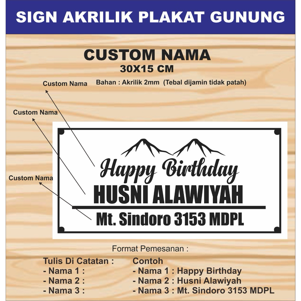 Sign Akrilik Plakat Gunung Happy Birthday Custom Nama/Plakat Gunung Custom Nama