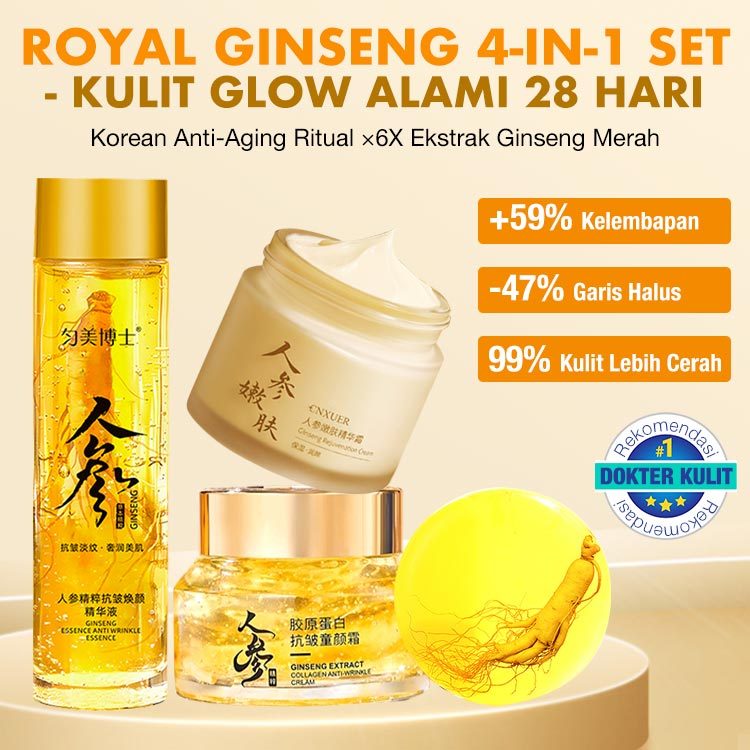 [100% Asli] Perawatan Kulit Ginseng Lengkap Cleanser 100g + Toner 120ml + Serum 100ml + Cream 60g Anti Aging Serum Ginseng & Collagen Cream Glowing