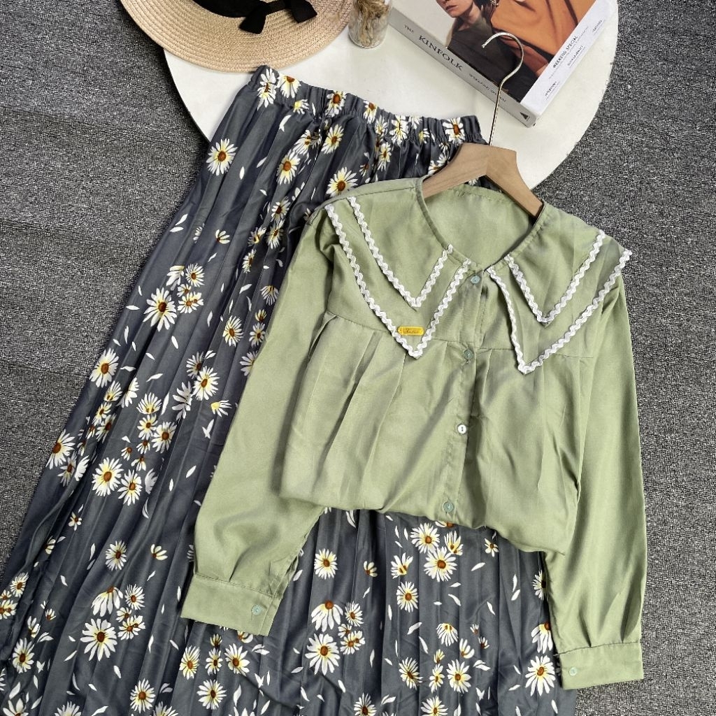 Vienetta id - ONE SET SETELAN WANITA KEKINIAN KOREAN STYLE OVERSIZE ROK PLISKET MOTIF WANITA REMAJA 