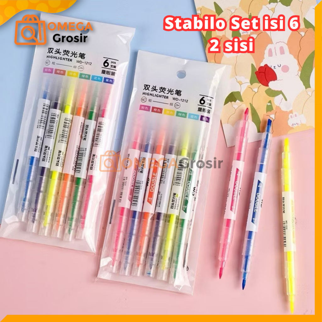 

OG Stabilo Set Highlighter Dua Sisi Warna isi 6Pcs Pen Marker Stationery Penanda Buku