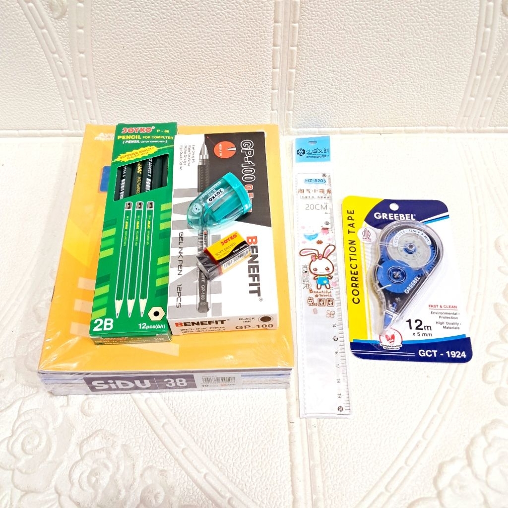 

1 Set Alat Tulis Sekolah ( 1pack buku sidu 38lembar, 12pcs pulpen gel , 12pcs pensil joyko p-88, 1pcs coretion tape 12m, 1pcs hapusan kecil, 1pcs serutan, 1pcs garisan 20cm )