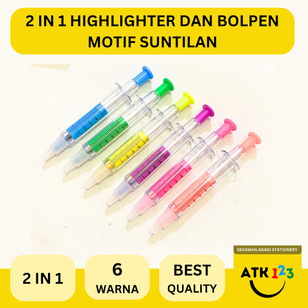 

Highlighter / Penanda + Ballpoint 2 in 1 Motif Suntik 6 Warna