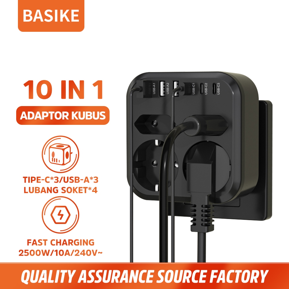 (HOT)BASIKE Stop Kontak 4 Lubang Colokan Listrik Kubus 10-in-1 USB Type C Fast Charging Max 3500W