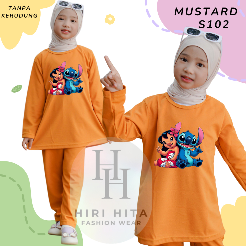 Hirihita S102 Setelan Muslim Tunik One Set Panjang Merah Putih Anak Cewek Lilo Stich Alien Biru