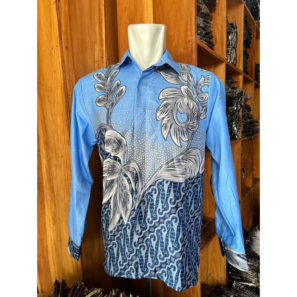 Batik Wirodeso Kemeja Motif Anggrek Biru Slimfit Tunik Couple Modern Set Pakaian couple Batik Pria P