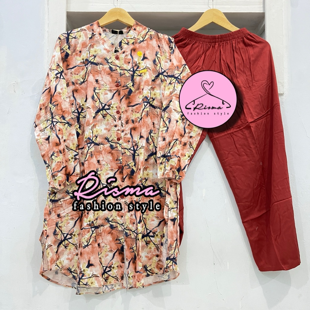 Setelan Tunik Rayon Zahra Motif Bunga Bahan Rayon Twill Premium Terbaru