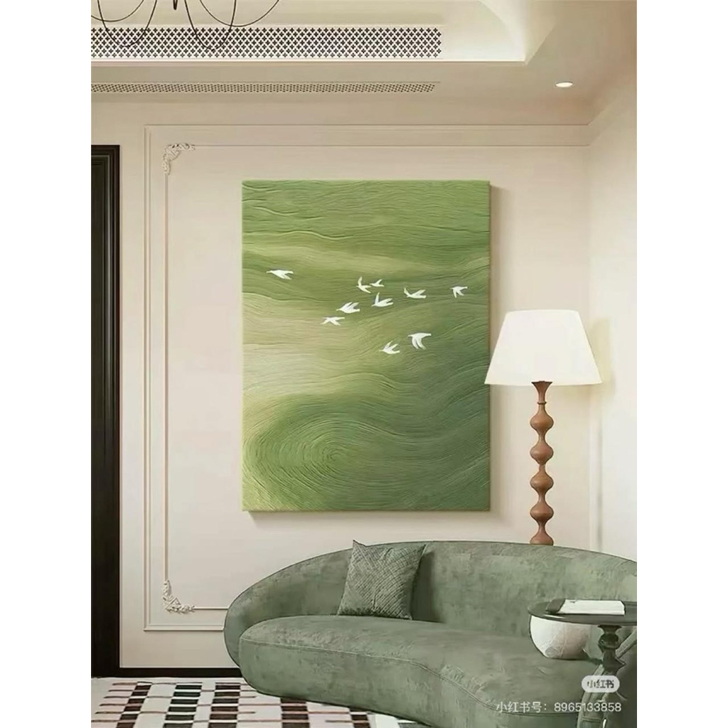 Lukisan Abstrak Kanvas modern || Hiasan Dekoratif || Lukisan dinding warna hijau dengan aksen burung