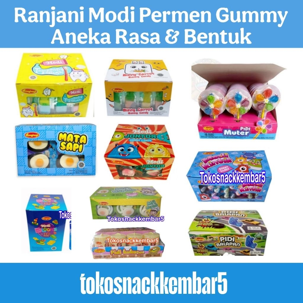 

Ranjani Modi Gummy Permen Lunak Aneka rasa & Bentuk Perpack isi 12/24 pcs ECER 1000/2000