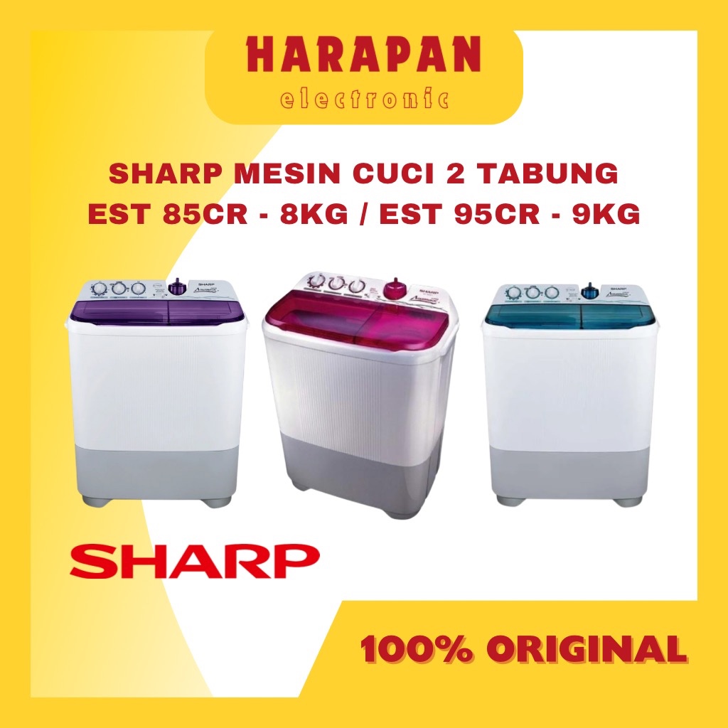 SHARP MESIN CUCI 2 TABUNG EST 85CR 95CR 8KG 9KG / SEMI OTOMATIS ES-T95CR ES-T85CR BIRU PINK VIOLET U