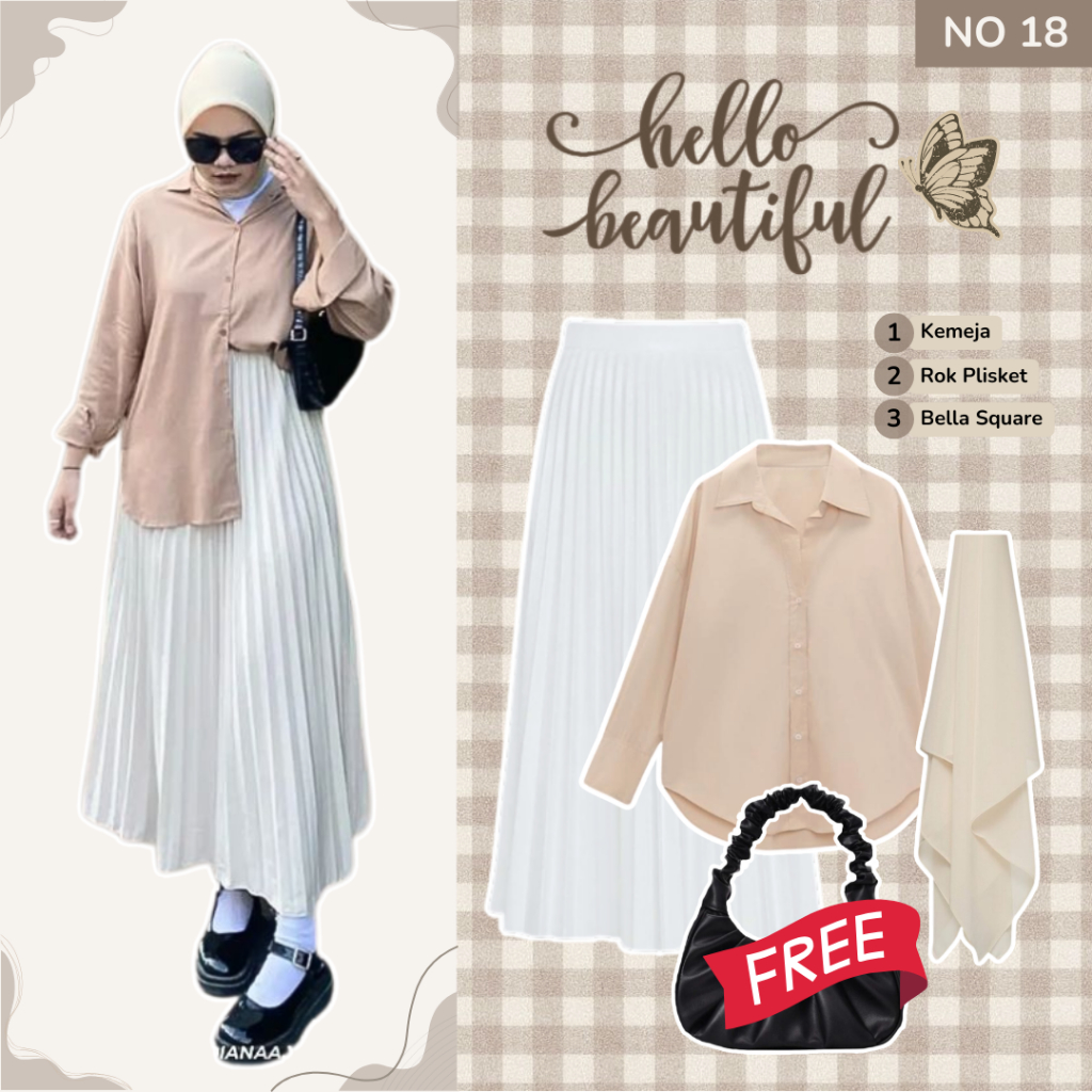 Outfit Cewek Kekinian Hijab Casual (Kemeja Cream, Rok Plisket, Bella Square)OOTD Kantor Wanita |NO18