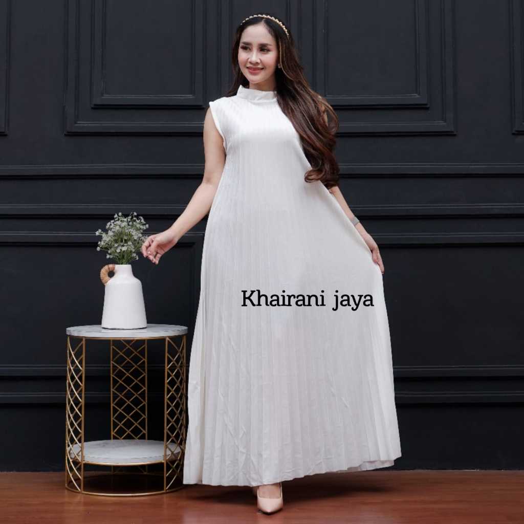 Dress Plisket Inner Bludru Import Premium Panjang Tanpa Lengan Big Size