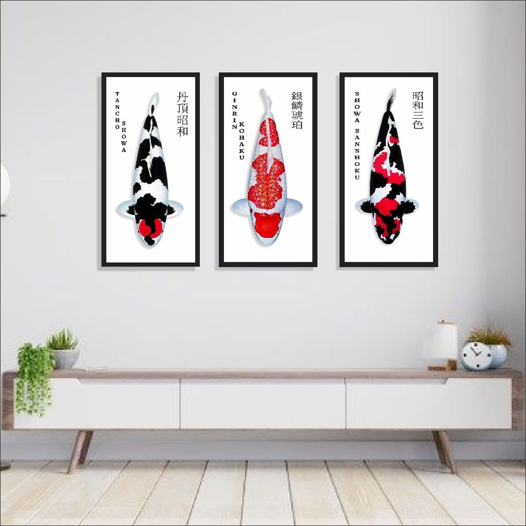 Hiasan Dinding Ikan Koi Lukisan Jepang Showa Ginrin Sanshoku F31